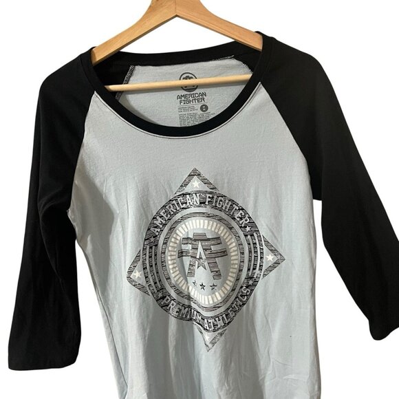 American Fighter Raglan Baseball Tee Size Medium Graphic Light Powder Blue Black - Picture 4 of 6
